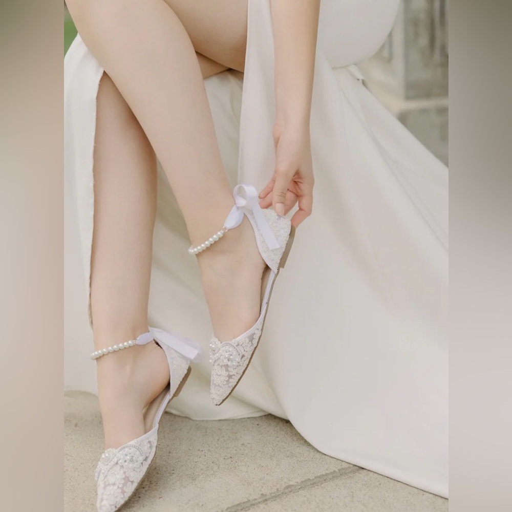 Kallie Pearl-Embellished Lace Pointed Flats in Ivory - Picture 3 of 5